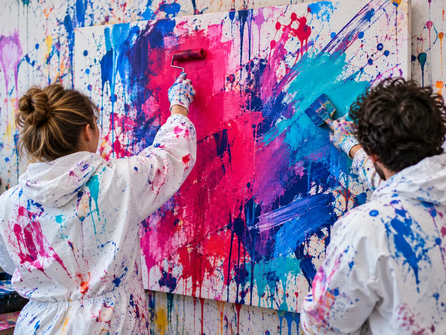 Ein Paar gestaltet beim Action Painting in der Art Garage nahe Basel gemeinsam eine farbenfrohe Leinwand.