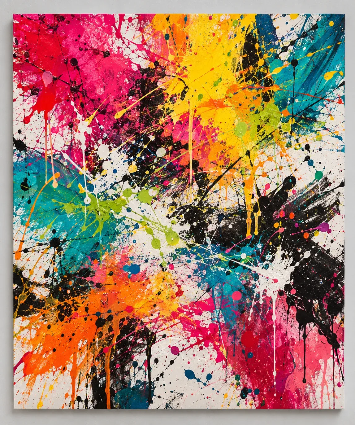 Abstraktes Action-Painting-Kunstwerk mit leuchtenden Farbspritzern in Pink, Gelb, Türkis und Orange.