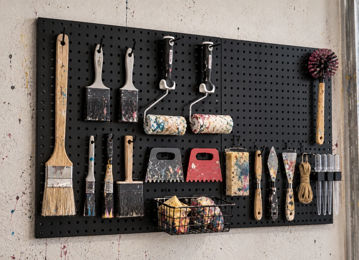Malutensilien an der Werkzeugwand in der Art Garage in Grenzach-Wyhlen bei Basel.