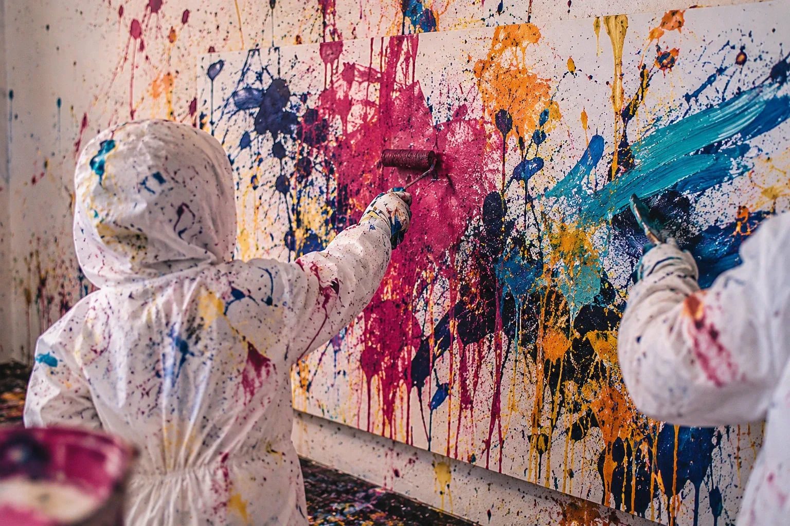 Zwei Personen gestalten gemeinsam eine farbenfrohe Leinwand beim Action Painting in der Art Garage.
