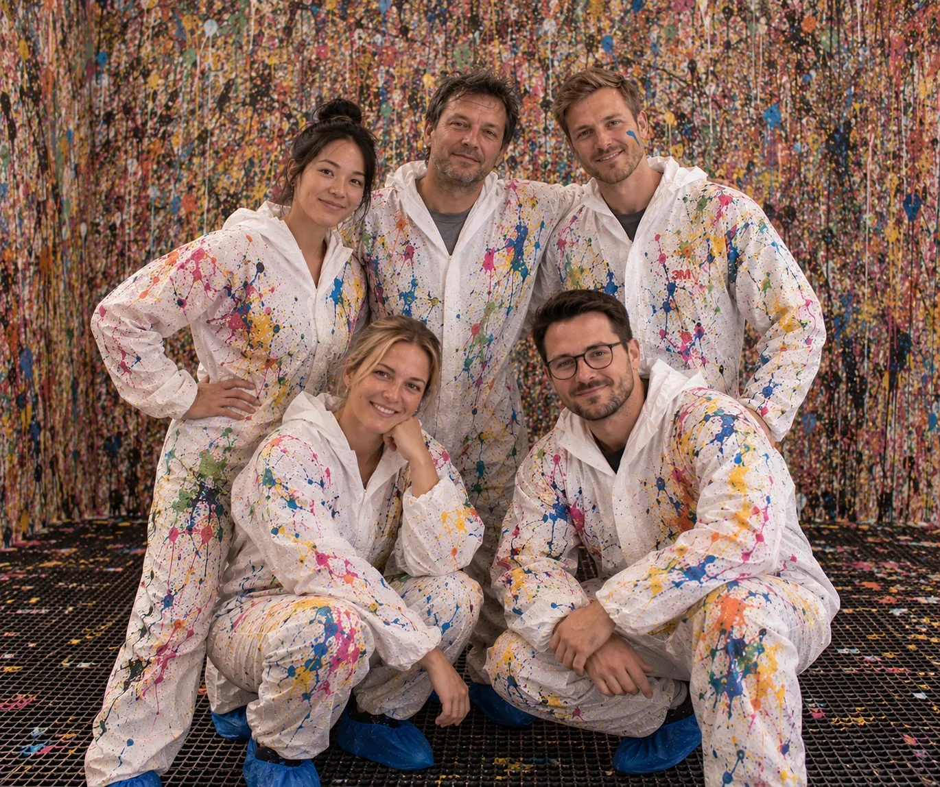 Fünfköpfiges Team in farbbespritzten Schutzanzügen nach einem gemeinsamen Action-Painting-Teamevent in der Art Garage bei Basel.